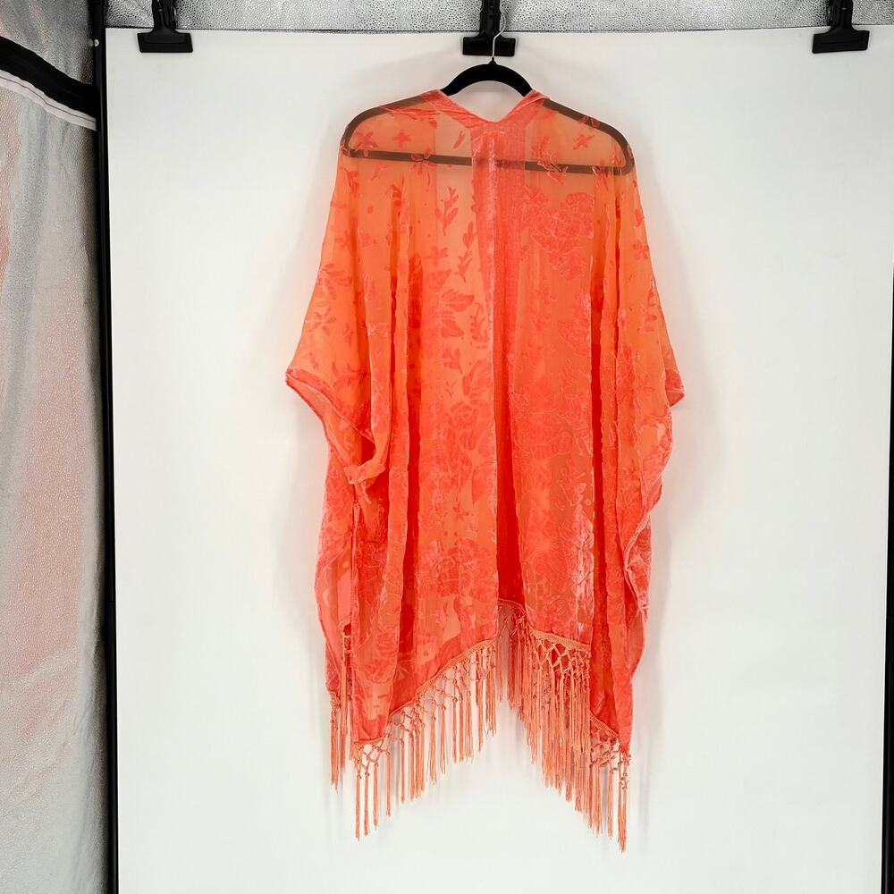Coral-Orange Burned Out Velvet Kimono with Fringe - OS to 2X - Boho - Picture 2 of 6